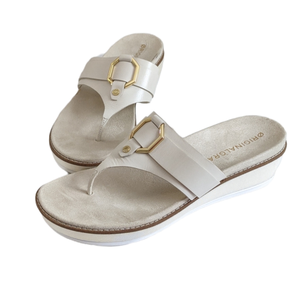 Cole Haan Original Grand Wedge Suede Cream Sandals Gold Buckle